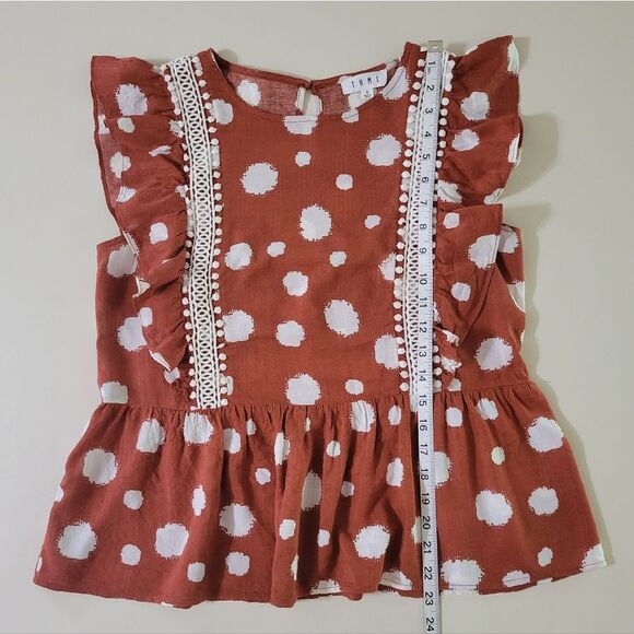 THML Women's Boho Rust and White Polka Dot Sleeveless Ruffle Peplum Blouse - Picture 4 of 14